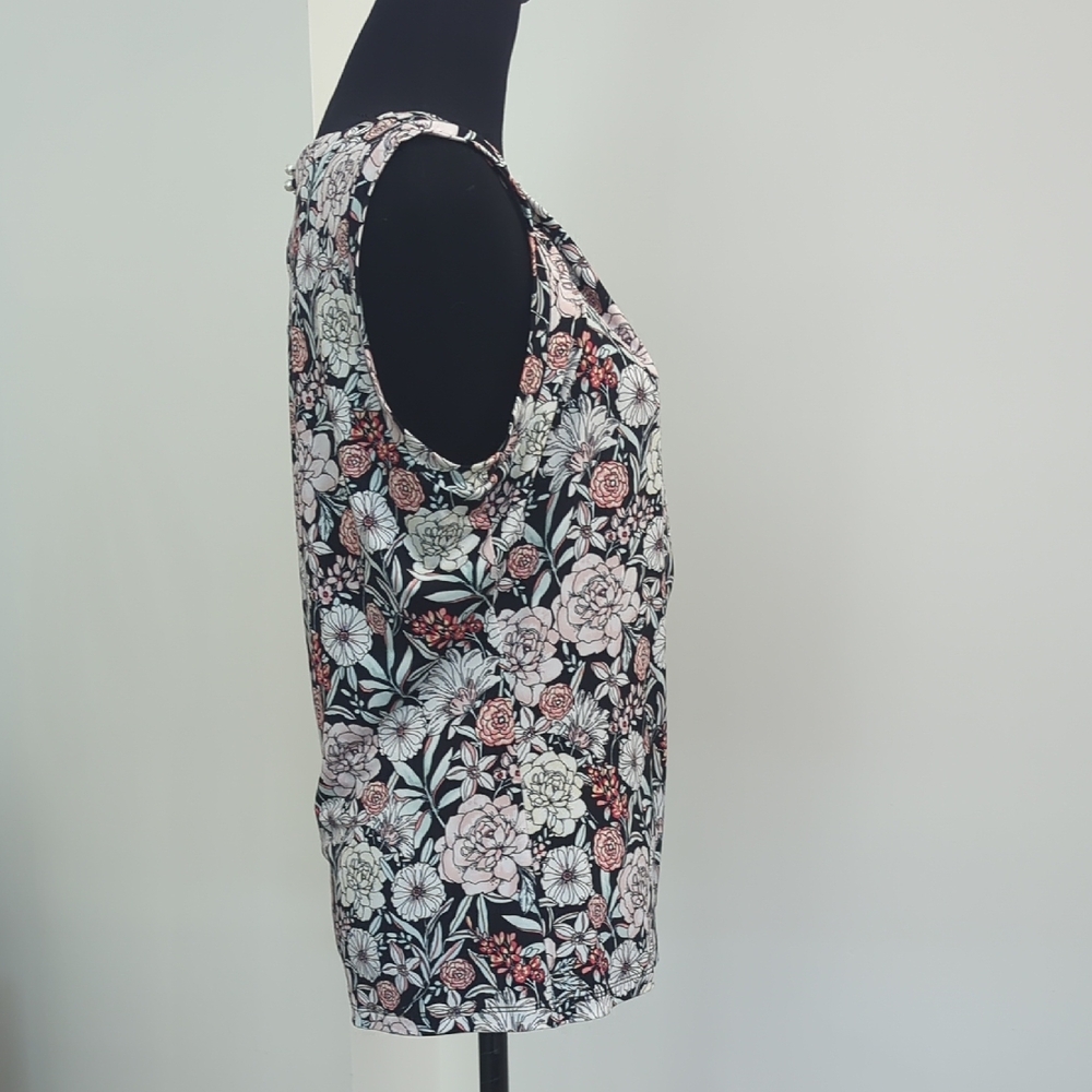 Karl Lagerfeld Paris Sleeveless Floral Blouse Pleated High Neck Black Pink LARGE - Picture 5 of 8